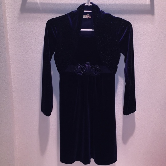Girl’s Long-Sleeved Velvet Midnight-Blue Dress - Picture 1 of 4